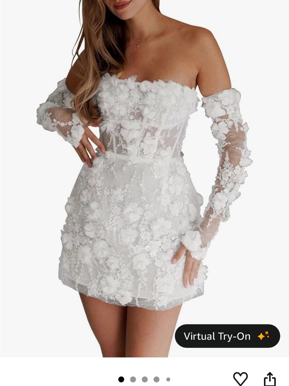 Amazon White Off-Shoulder Floral Applique Mini Wedding Dress